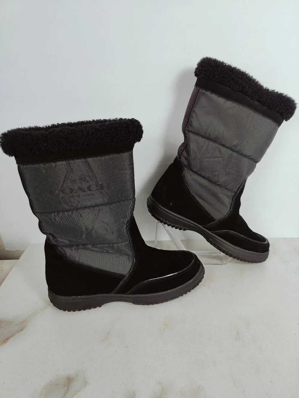 Coach Sherman Suede Nylon Winter Boots, Black, Sz 6.5